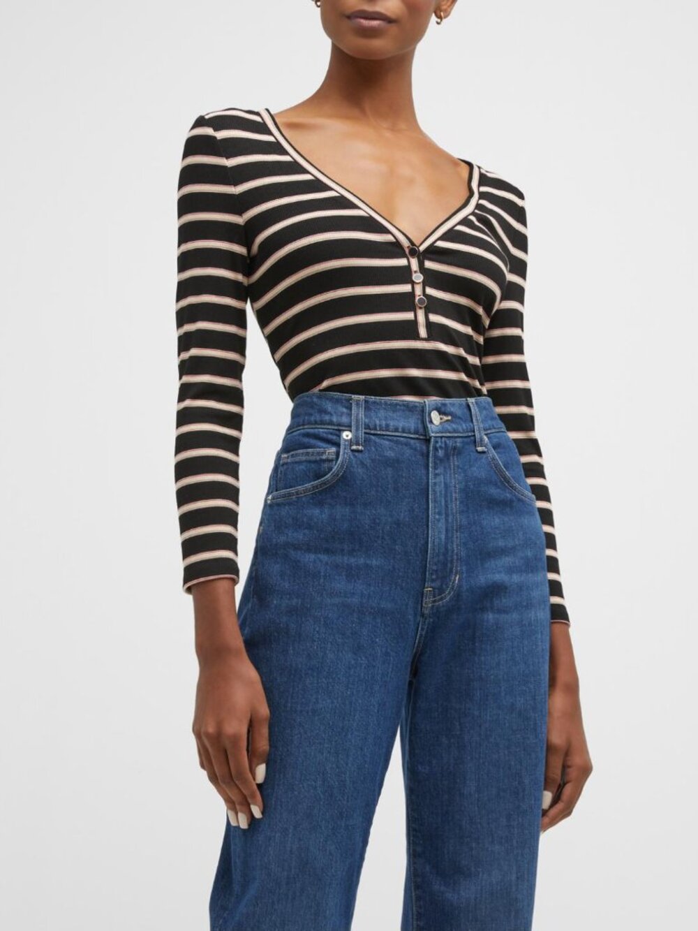 Veronica Beard Shailee Striped V-Neck Henley Top Size Small